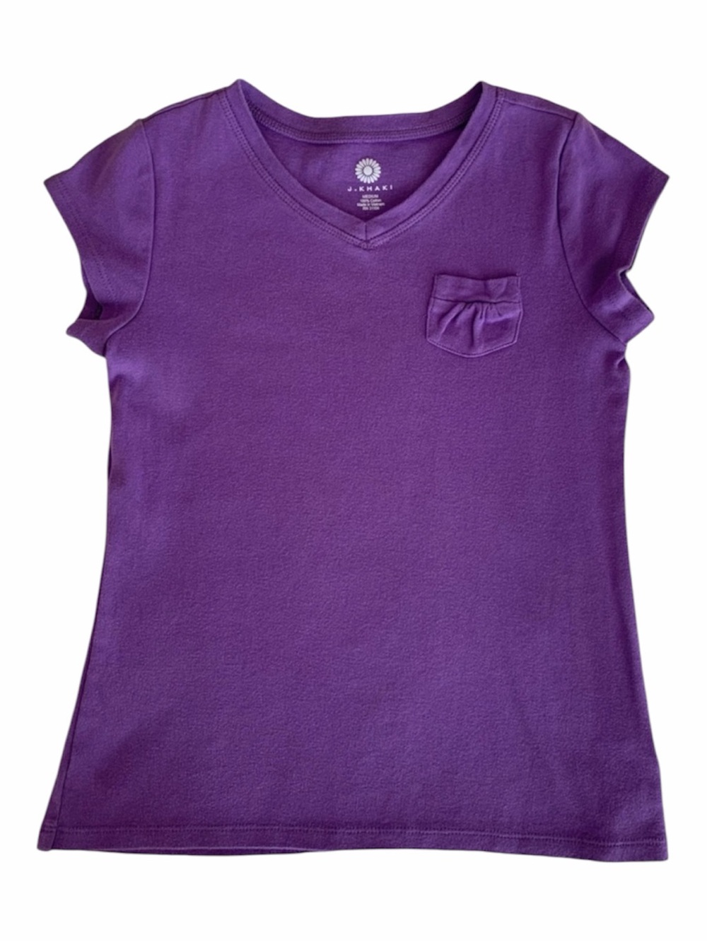 J. Khaki T Shirt Girls M Purple V Neck Top Chest Pocket Short Cap Sleeve Cotton